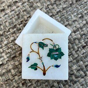 White Marble Trinket Box with Green Inlay
